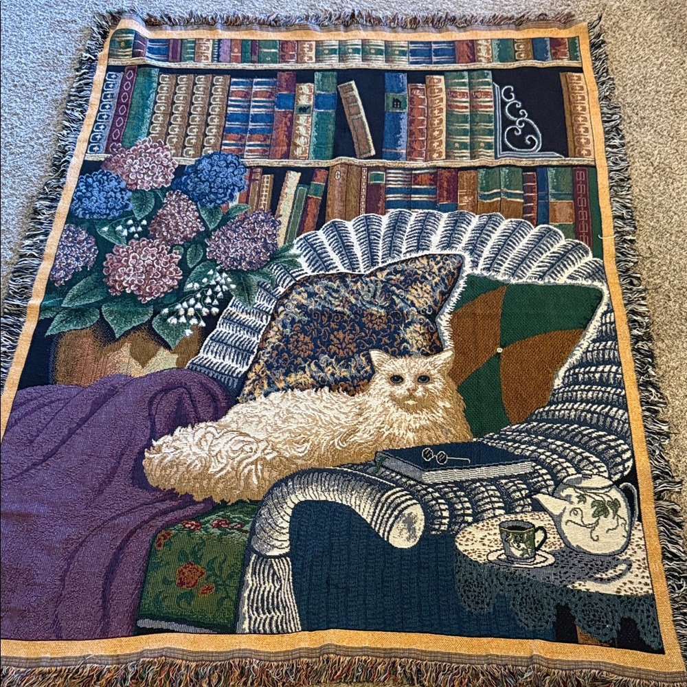 Cozy Cat Tapestry Throw Blanket with Bookshelf and Hydrangeas - Multicolor